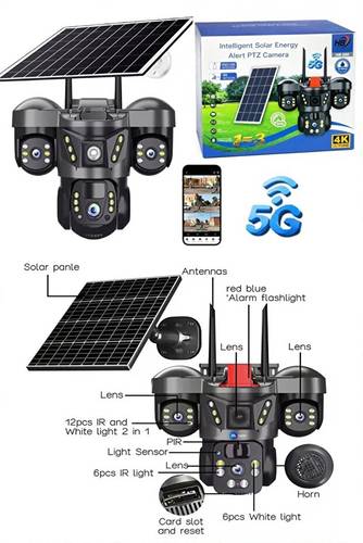كاميرا أمان بالطاقه شمسية HB 5G ثلاثية العدسات لاسلكية للاستخدام الخارجي مع دعم بطاقة SIM طراز HB-006