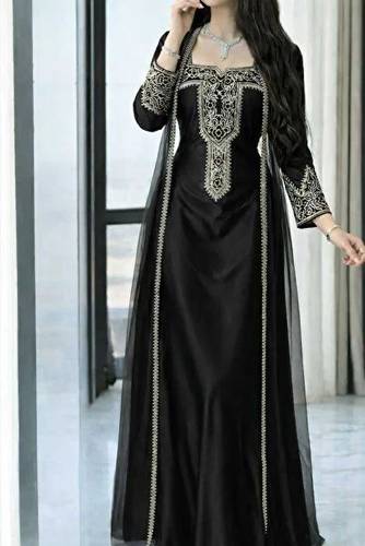 جلابيه مطرزه  قطعتين  - 2XL - اسود