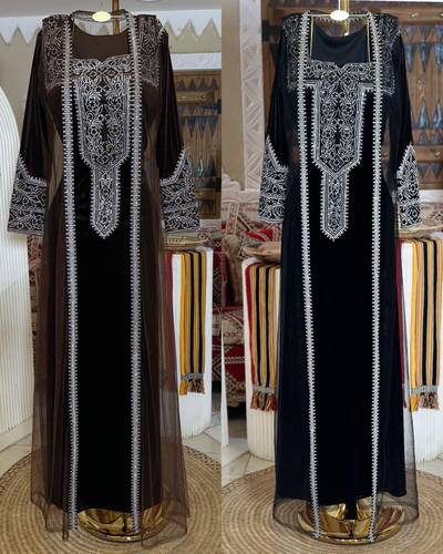جلابيه مطرزه  قطعتين  - 2XL - اسود