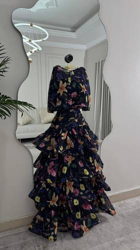 فستان مشجر طبقات  - اسود - 2XL