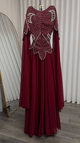 فستان سهره خرز باكمام طويله  - احمر  - 3XL