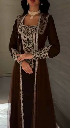 جلابيه مطرزه  قطعتين  - 2XL - اسود