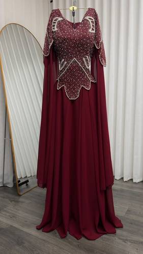 فستان سهره خرز باكمام طويله  - احمر  - 3XL
