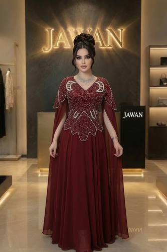 فستان سهره خرز باكمام طويله  - احمر  - 3XL