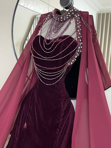 فستان سهره مخمل مزين باكسسوار  - S