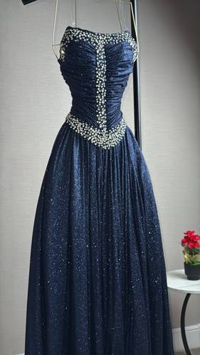 فستان سهره تل تركي تطريز يدوي  - كحلي - 2XL