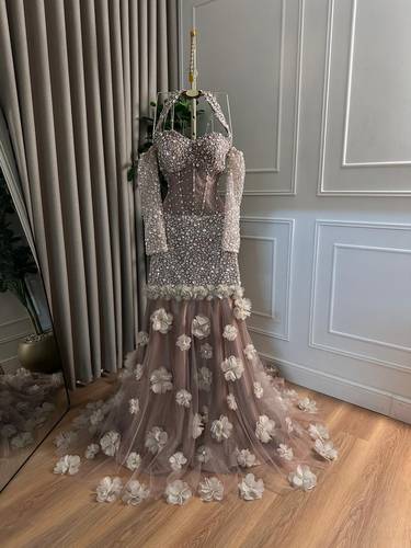 فستان سهره خرز مع ورد بذيل طويل  - S