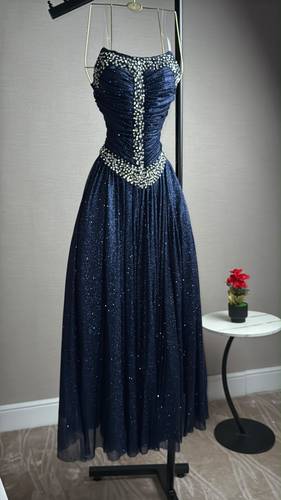 فستان سهره تل تركي تطريز يدوي  - كحلي - 2XL
