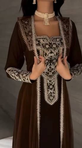 جلابيه مطرزه  قطعتين  - 2XL - اسود