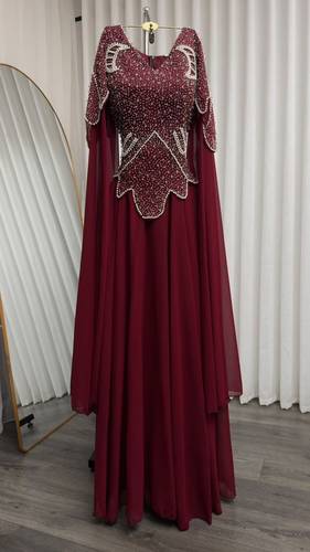 فستان سهره خرز باكمام طويله  - احمر  - 3XL