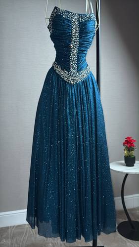 فستان سهره تل تركي تطريز يدوي  - كحلي - 2XL