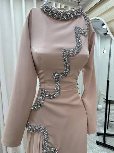 فستان سهره باكمام طويله  - بيج - 3XL