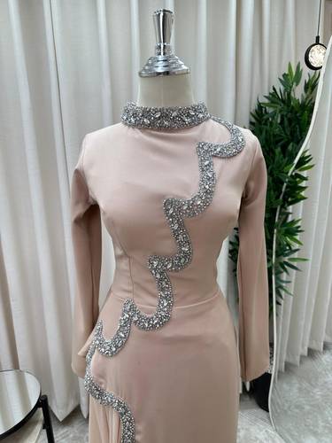 فستان سهره باكمام طويله  - بيج - 3XL