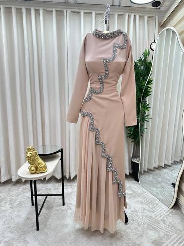 فستان سهره باكمام طويله  - بيج - 3XL