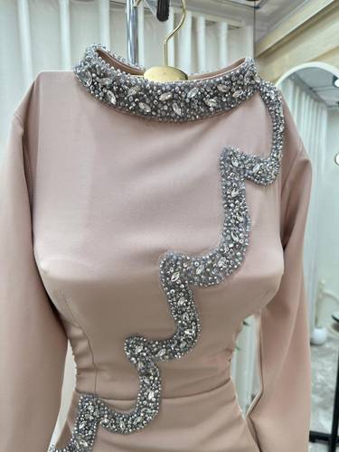 فستان سهره باكمام طويله  - بيج - 3XL