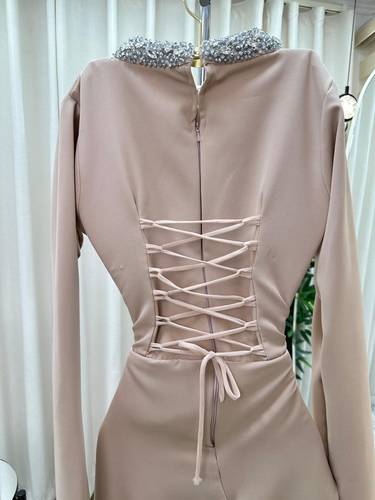 فستان سهره باكمام طويله  - بيج - 3XL