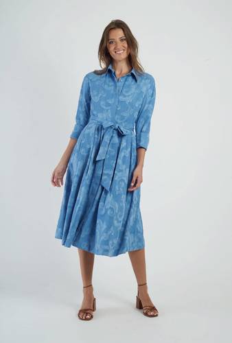 فستان DERHY الفرنسي – فستان ميدي أزرق جاكار فاخر بحزام (Blue Jacquard Shirt Dress)