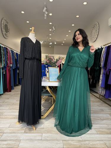    فستان سهرة تل مشغول بلولو     وكريتسال    balerina   أخضر 