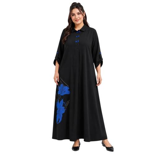 جلابية سوداء كريب مطرزة بوردة – موديل 3606  ALAZORA