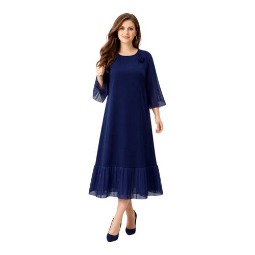 Navy Blue Evening Dress – Super Plus Size – Crepe & Chiffon Pleated Design