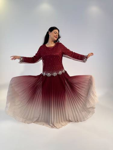 فستان سهرة تايور محتشم بلون عنابي بورغندي مع بيج BALERINA تول وكريستال وشيفون بليسيه