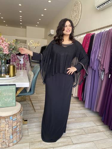   فستان سهرة ومناسبات  تل مع كريستال وفصوص  لامعة  و جورسية كريب  BALERINA  أسود 