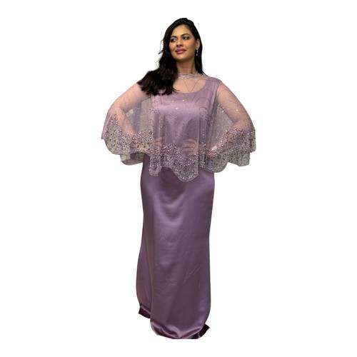 فستان سهرة BALERINA بلون موف – حرير ستان وتل مشغول بالكريستال واللؤلؤ