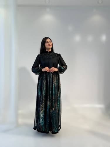 فستان سهرة شيفون حريري أسود مع مخمل وطبعة أنيمال برنت QUIZAS قصة A-Line