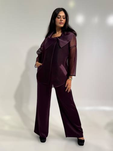 بدلة ليلكي فاخرة من قطعتين CHIFFON LINE جاكيت تل Honeycomb مع بنطلون حرير ستان