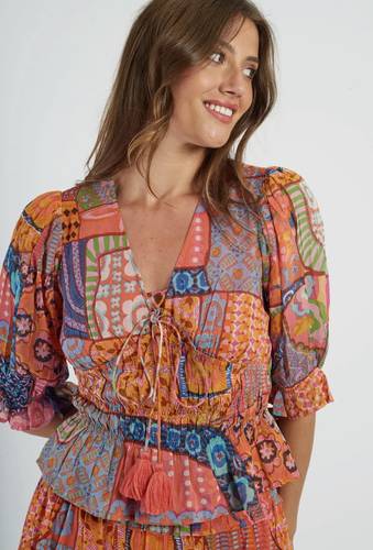 بلوزة DERHY الفرنسية Blouse AMANDINE بطبعات بوهو Patchwork (ألوان: برتقالي / كاكي)