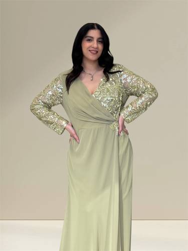  فستان سهرة تل وشيفون شك ماركة FAVANA - لون أخضر فستقي - مقاسات كبيرة