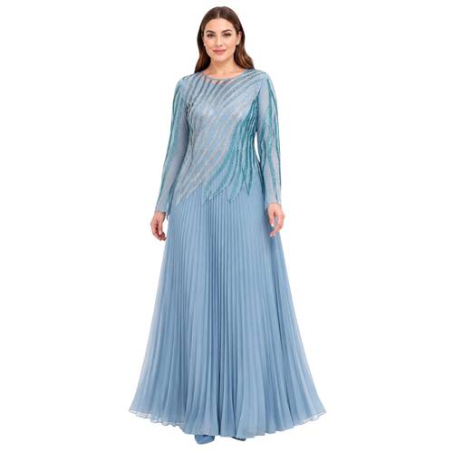 فستان سهرة بتصميم  تايور تفاني شيفون بليسيه مكسر مع كريستال تركوازي وفضي BALERINA  مقاسات كبيرة سوبر