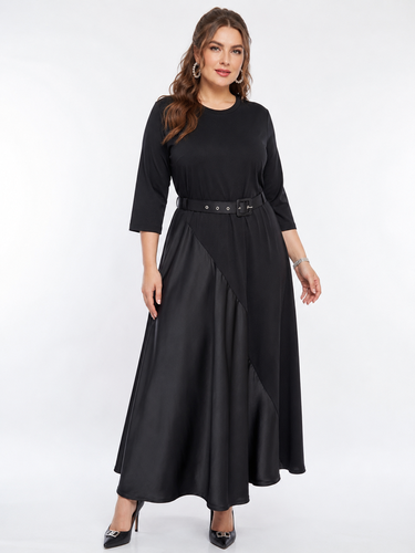 CHIFFON LINEفستان أسود سادة ناعم قصة A-Line بخامة كريب جورسية وحرير ستان   محتشم وأنيق