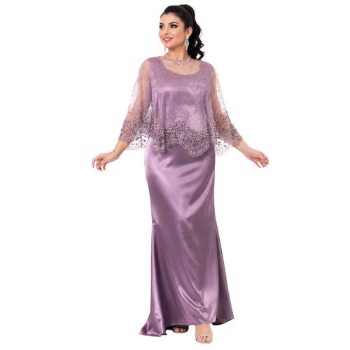  فستان سهرة BALERINA بلون موف – حرير ستان وتل مشغول بالكريستال واللؤلؤ