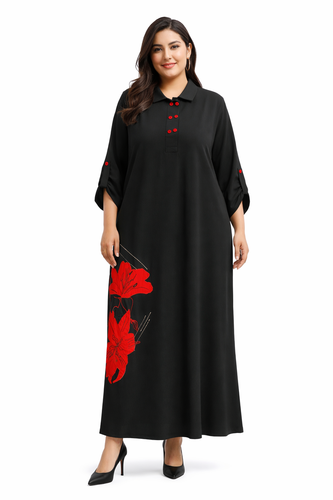 جلابية سوداء كريب مطرزة بوردة – موديل 3606  ALAZORA