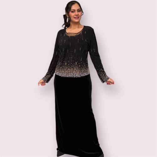    فستان سهرة ومناسبات  تل ومخمل   وكريستال BALERINA   أسود مع كريستال ذهبي وفضي 