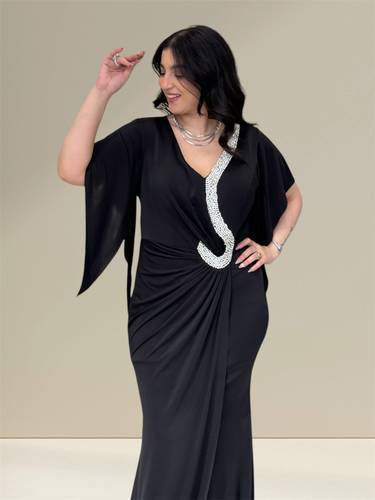  فستان أسود طويل مع شك كريستال  FAVANA كم فراشة 