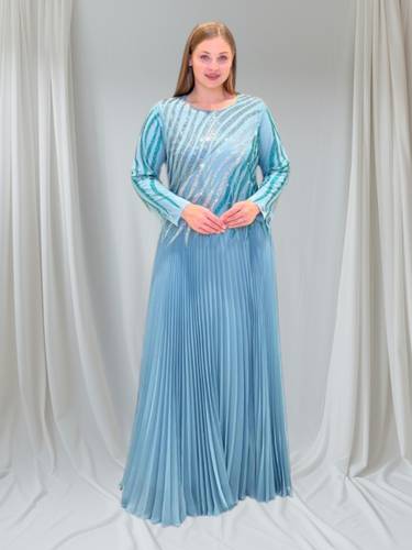 فستان سهرة بتصميم  تايور تفاني شيفون بليسيه مكسر مع كريستال تركوازي وفضي BALERINA  مقاسات كبيرة سوبر