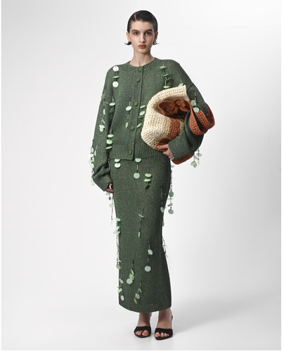 Green Cardigan & Skirt Knit Set 