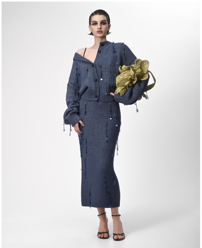 Blue Cardigan & Skirt Knit Set