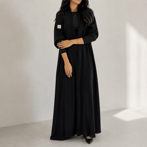 عباية كريب ملكي مع تطريز جوانب اسود كلوش A5401