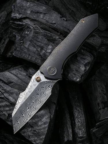 We Knife Company Gavko High-Fin Folding Knife 2.98" Hakkapella Damasteel Reverse Tanto Blade, Black Titanium Handles - WE22005 -DS1