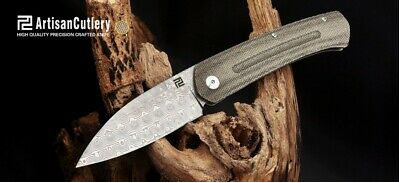 Artisan Centauri Framelock Knife OD Micarta Handle Damascus Blade 1839GD-ODG