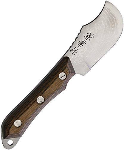 Kanetsune Seseragi Fixed Blade Knife 2.6" Damascus Skinner, Brown Wood Handle, Leather Sheath - KB267