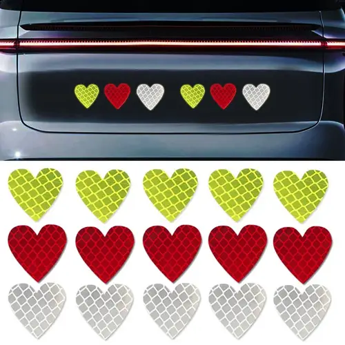 12pcs Heart Shape Car Stickers Safety Warning Mark Reflective Tape Stickers Decals Red/Green/Silver Reflective Decor Accessories