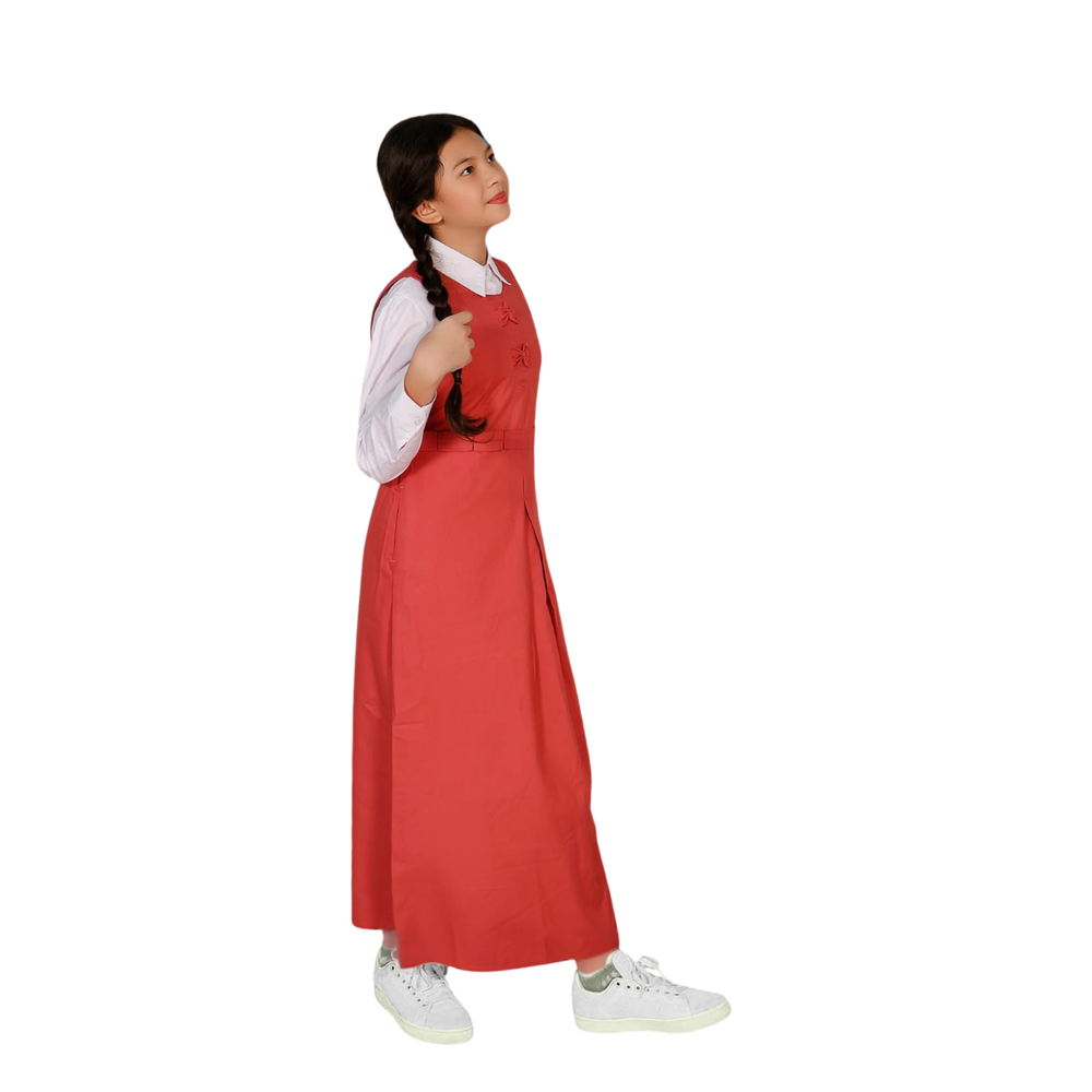 مريول ابتدائي احمر بتصميم فيونكات 