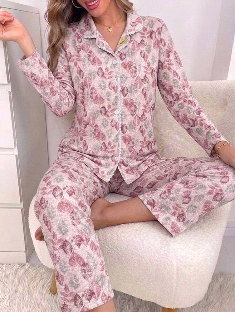  BIT 1 Women's 2-Piece Pajama Set with Soft Autumn Leaf Print - Shirt & Pants 