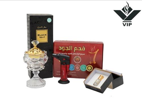 مسك ملكي ومعطر المفارش ومبخرة الكرستال والولاعة الليزر والفحم الملون