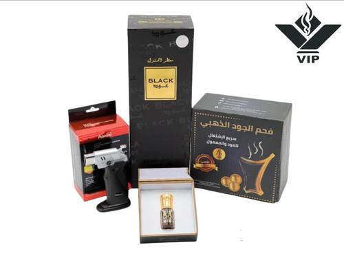 ربع توله عود البخور ومعطر المفارش مع الفحم الذهبي والولاعة دبل ليزر