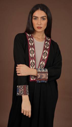    Black with burgundy embroidery and printed sleeves